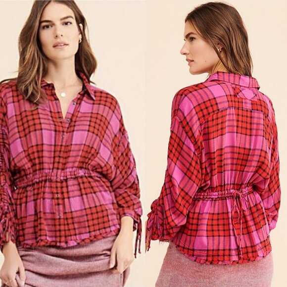 NWT Free People Pacific Dawn Plaid Shirt Drawstring Size Small Pink Red Bohemian - Picture 3 of 13